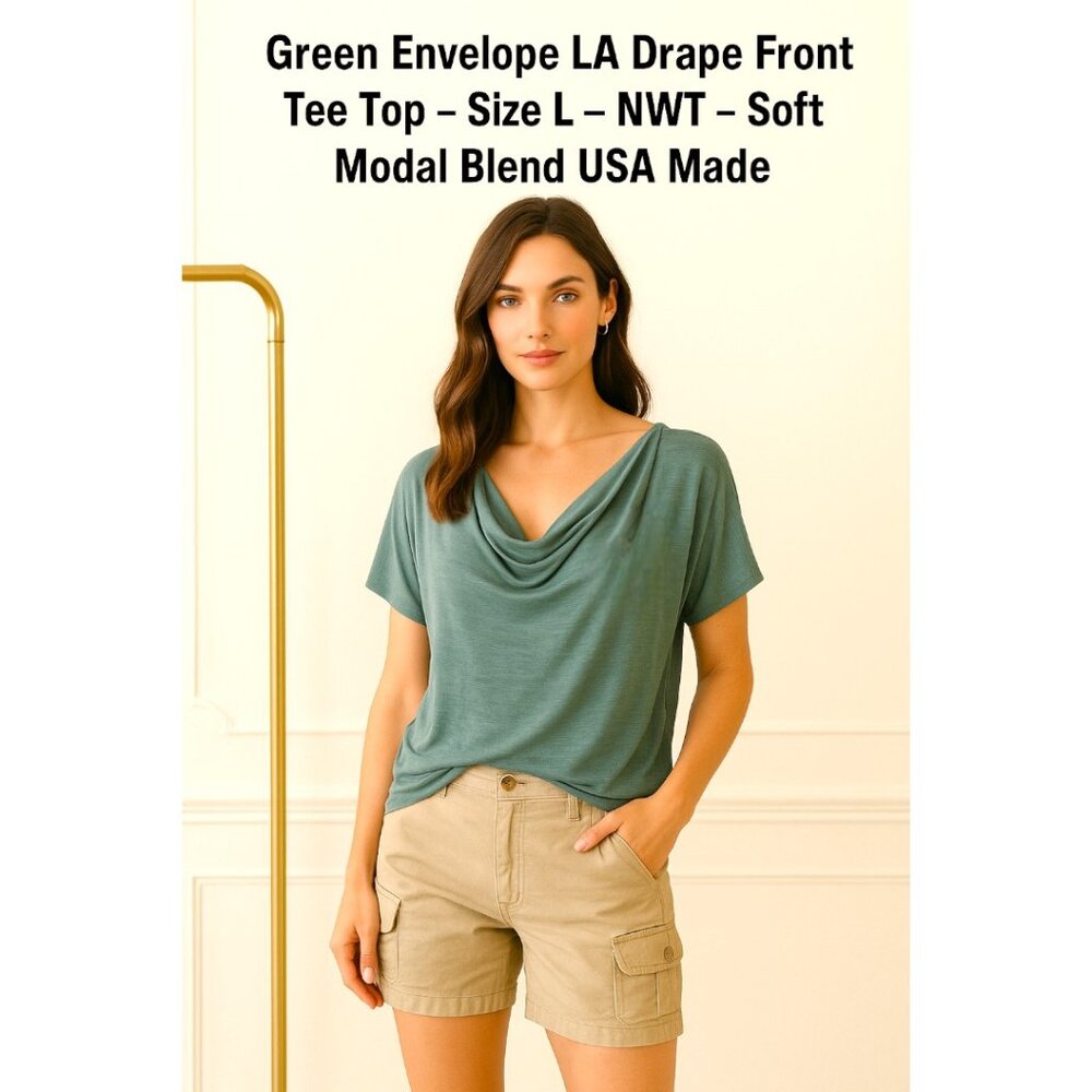 Green Envelope LA Drape Front Tee Top – Size L – NWT – Soft Modal Blend USA Made
